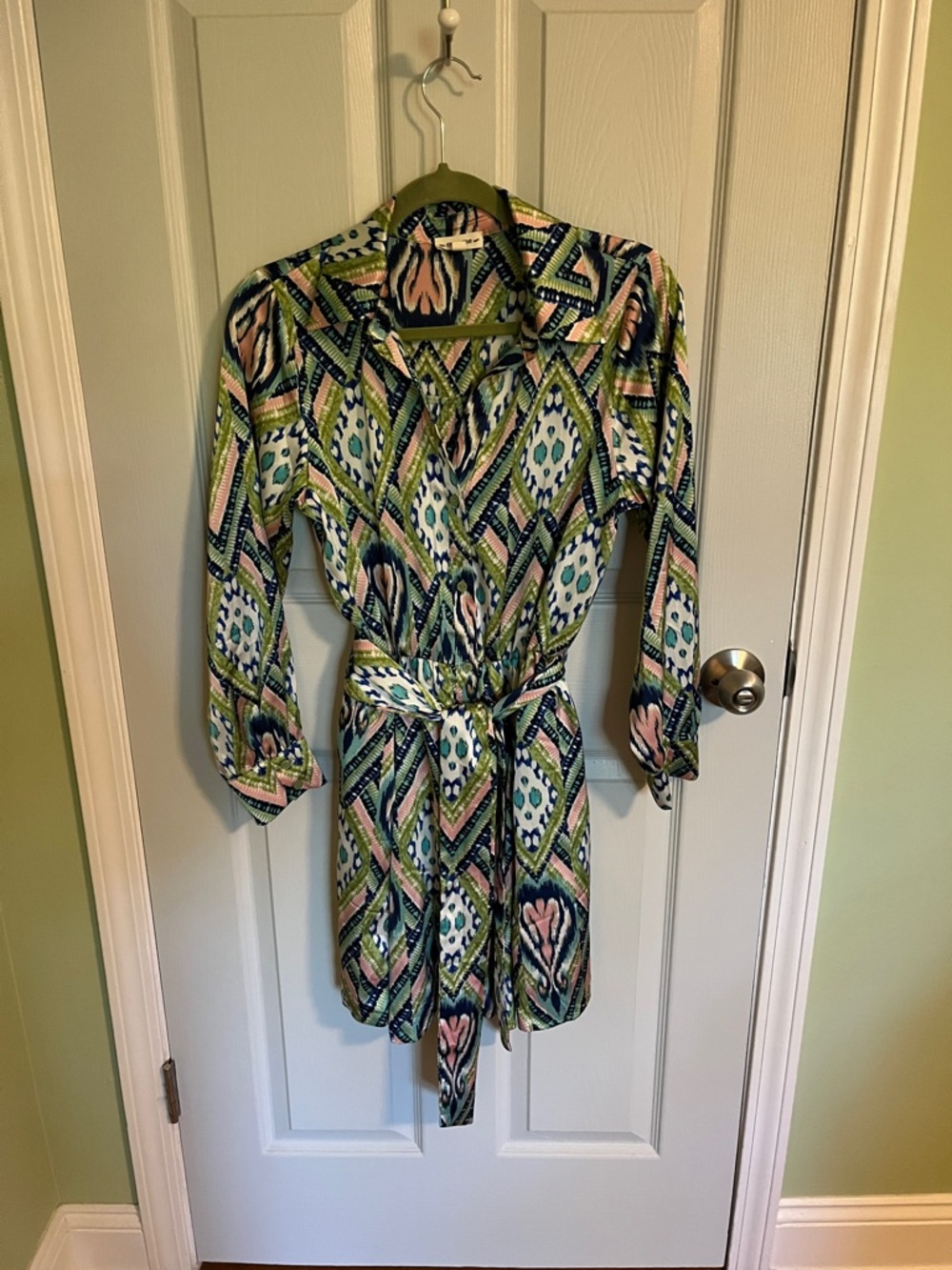ee:some Multicolor Abstract Print Shirt Dress in Green, Navy & Pink